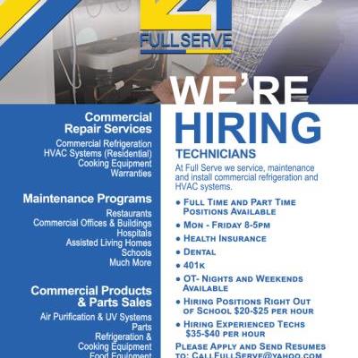 Full Serve Technicians Hiring Flyer Graphic Design
